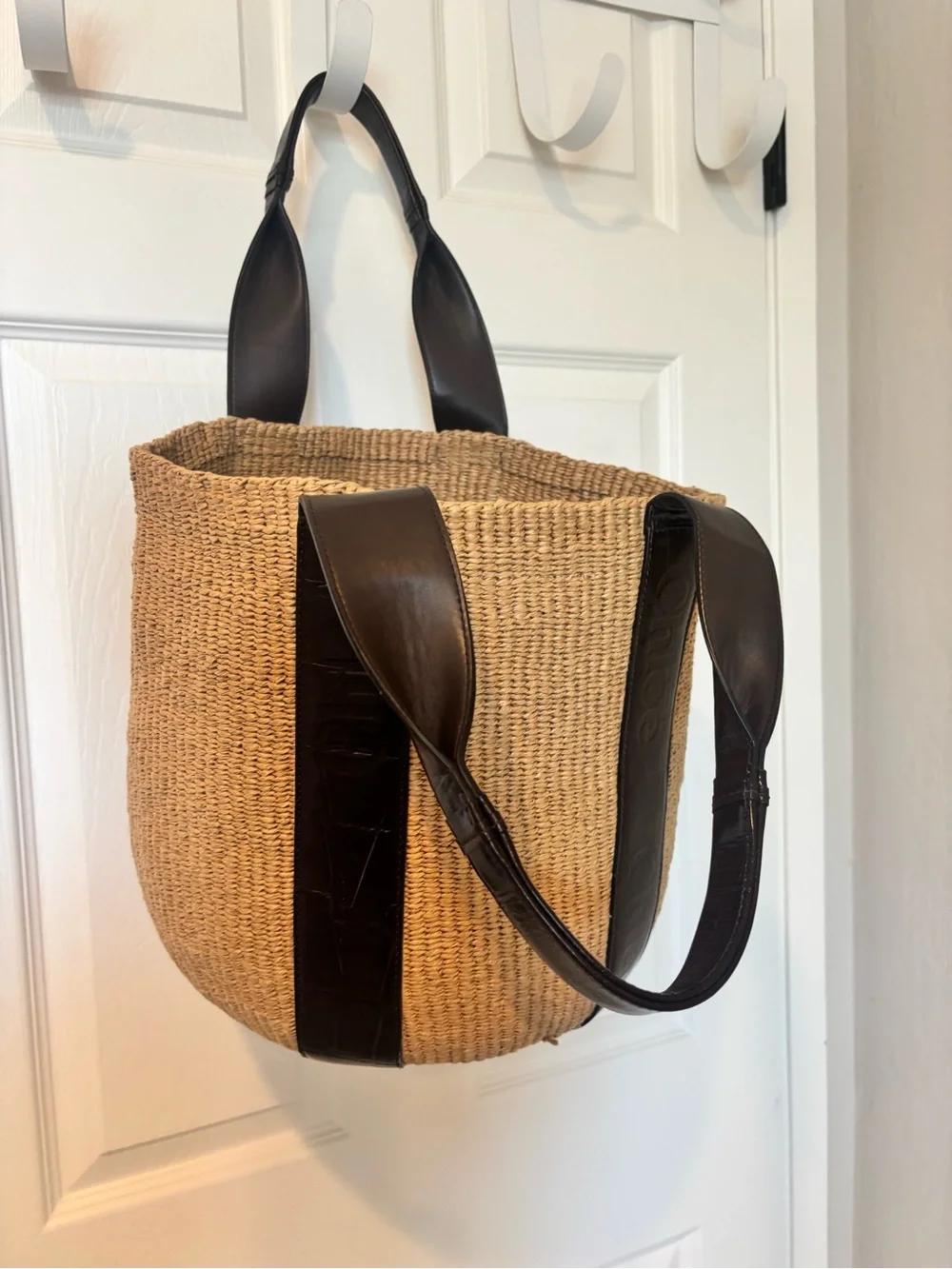 Chloe Tan Straw Tote with Dark Brown Leather Straps